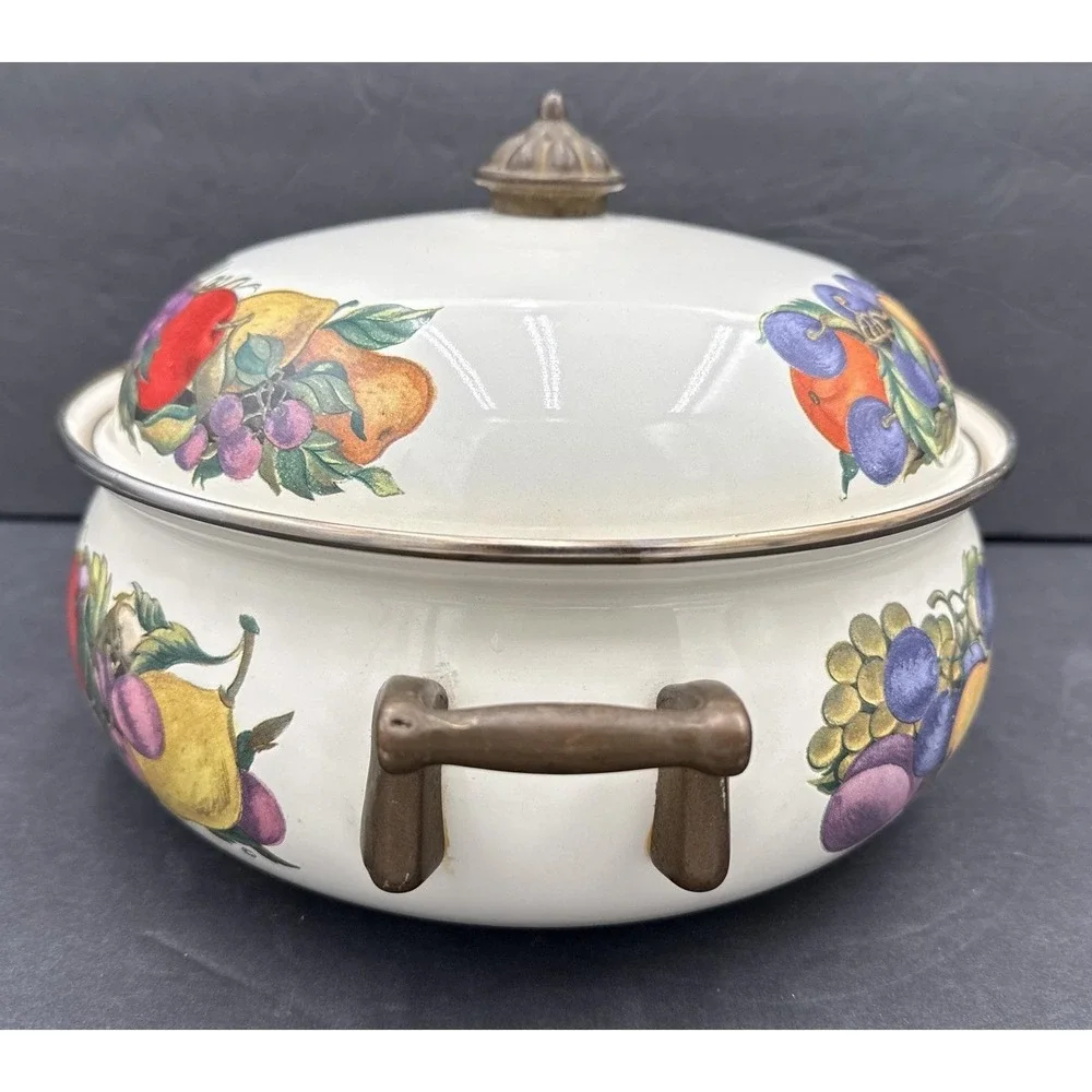 Vintage Cornucopia Dutch Oven Enamel Fruit Covered Lid Pot Brass Casserole